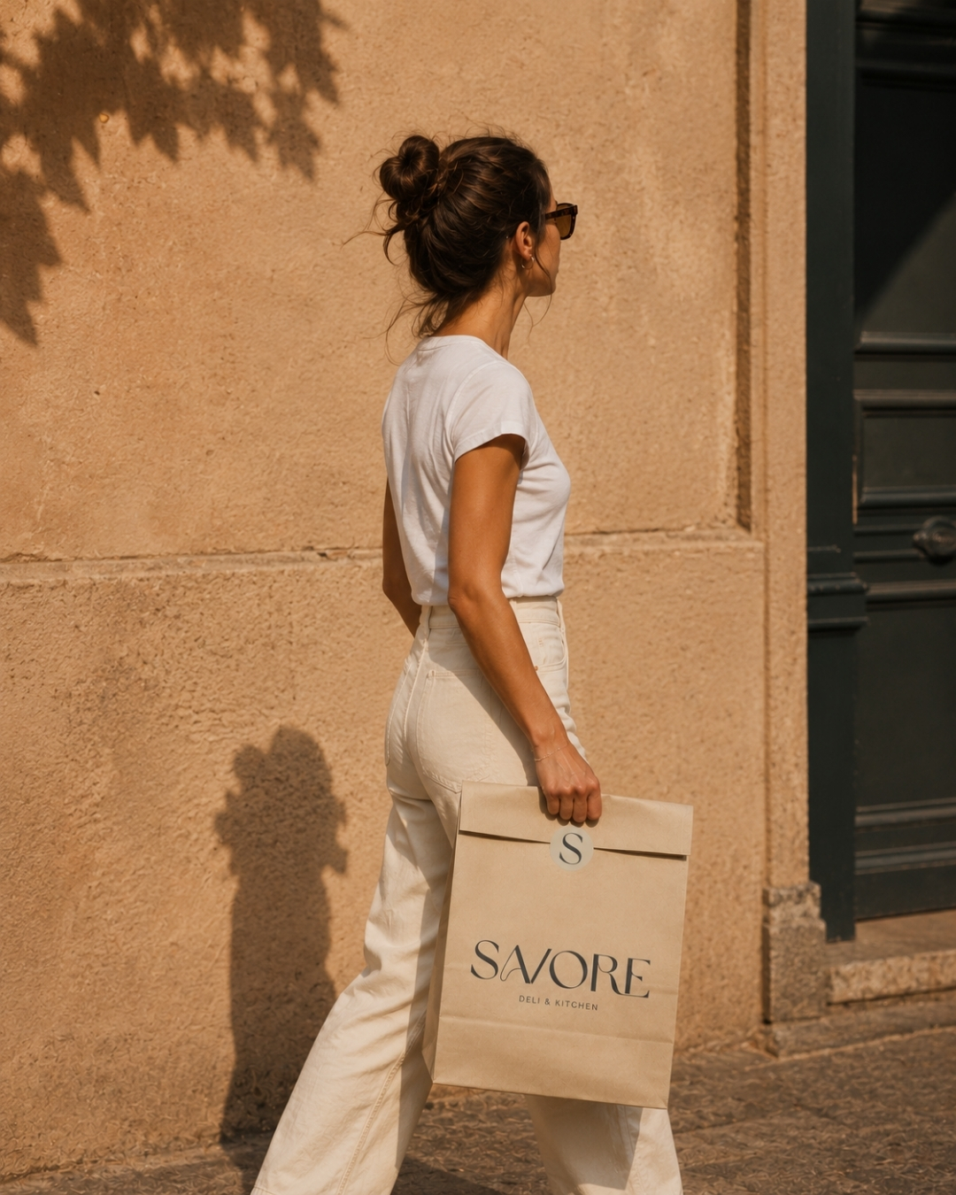 Customer carrying a Savore takeout bag down a sunlit street